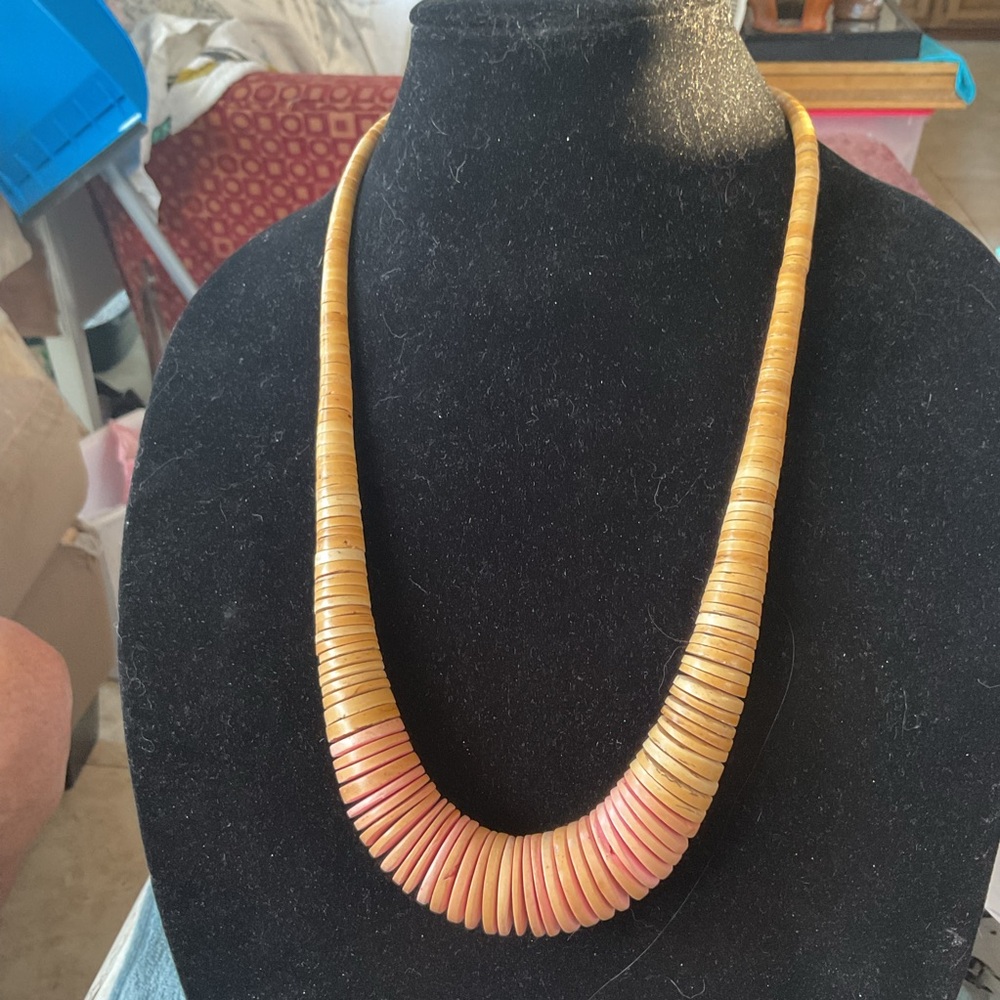 NOS vintage 1980’s African Handmade Wood Pink And Tan Necklace